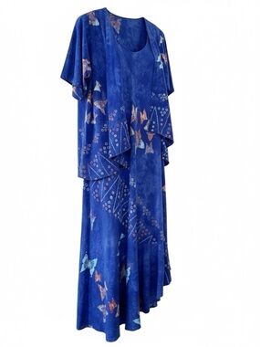 90s‎ Beach Coverup Blue Butterfly Print Asymmetrical Maxi Dress with Jacket L